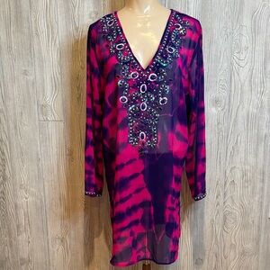 Blue Island Fuschia and Purple Tie Dye Beaded Resort Wear Swim Cover-Up- Size L